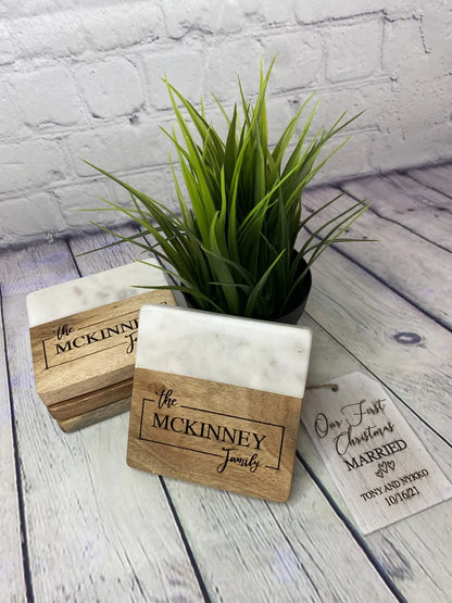 Acacia/Marble Coaster Set