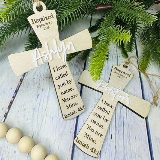 Baptism Ornament Gift for Girl or Boy, Personalized Wood Engraved Baptism Christening Cross with Baptism Date and Name. Ornament