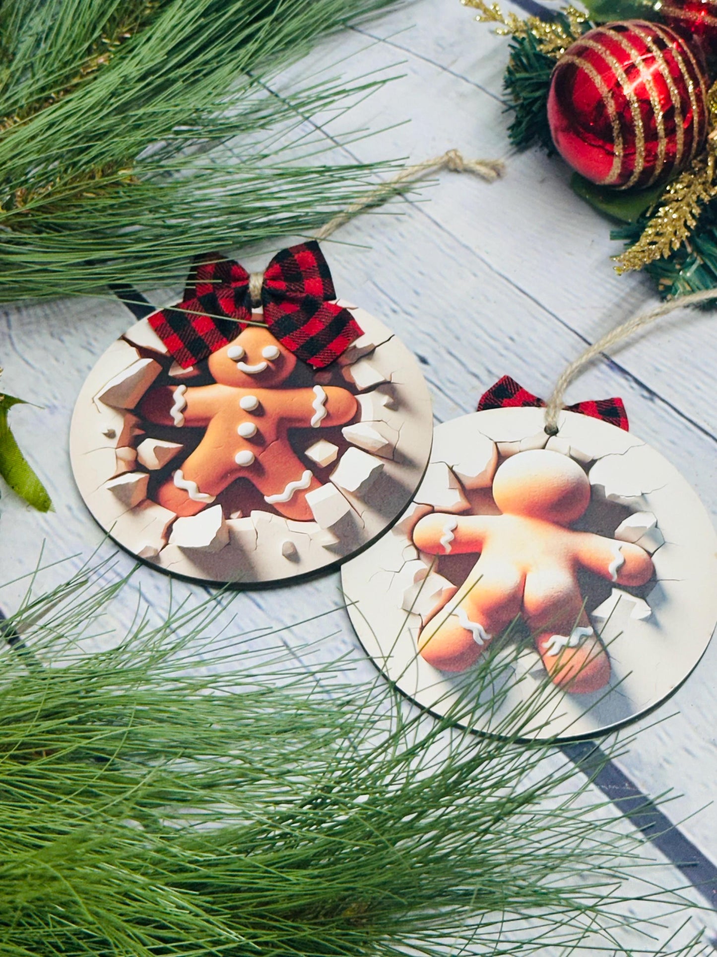 Buffalo Plaid Gingerbread Man Ornament - 4" Round Double Sided Christmas Tree Decoration - Farmhouse Holiday Decor