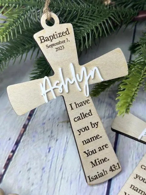 Baptism Ornament Gift for Girl or Boy, Personalized Wood Engraved Baptism Christening Cross with Baptism Date and Name. Ornament